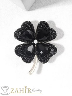 Кристална брошка ТАЛИСМАН - четирилистна детелина с блестящи черни кристали на сребриста основа, размер 3,5 на 4 см - B1450